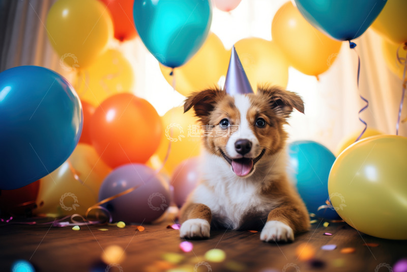 高清大图下载【趣麦麦图】过生日的小狗和气球