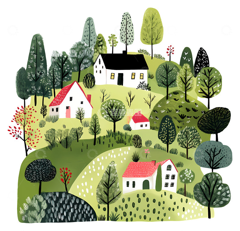 高清大图下载【趣麦麦图】春天插画小屋子