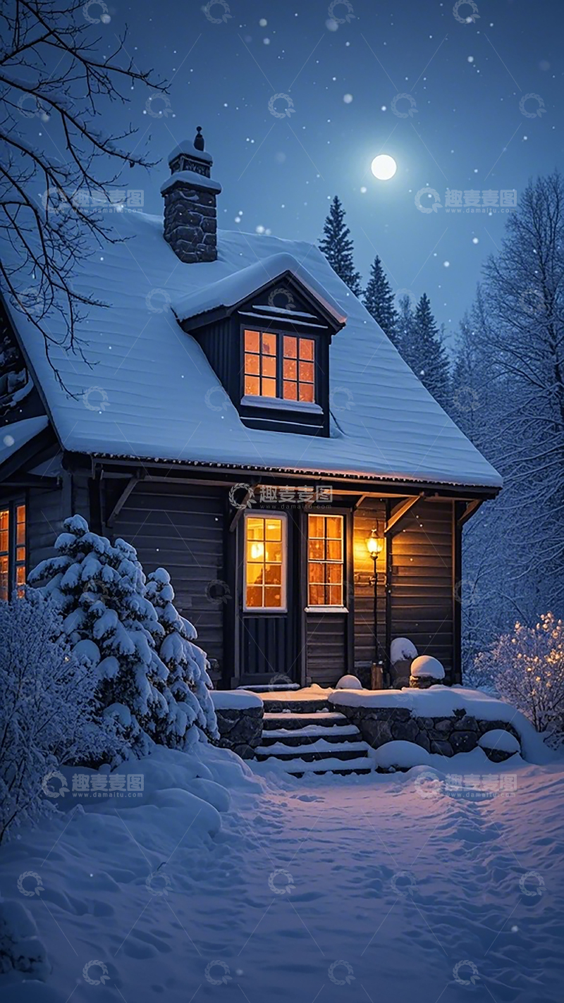 高清大图下载【趣麦麦图】雪夜木屋温馨景象