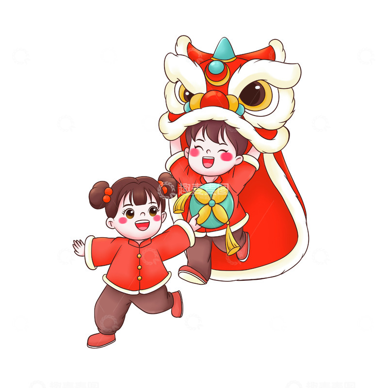 源文件下载【趣麦麦图】节日春节喜庆舞狮玩耍儿童