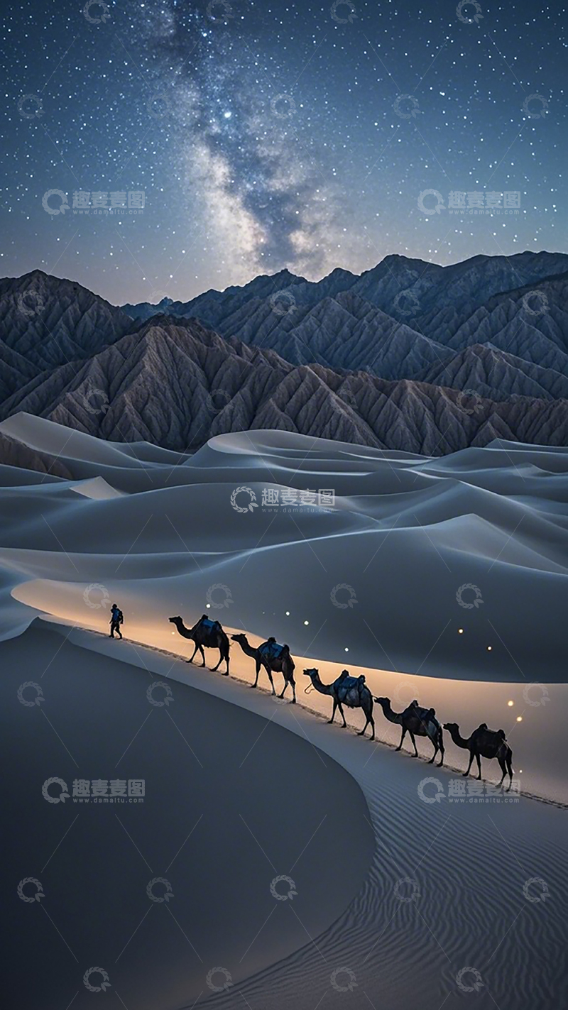 高清大图下载【趣麦麦图】沙漠星空骆驼行山峦