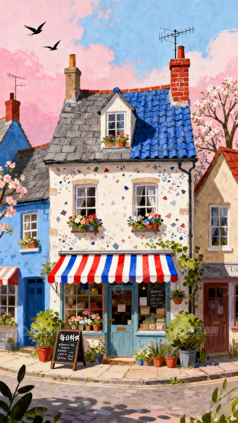 高清大图下载【趣麦麦图】彩绘小镇街景插画素材