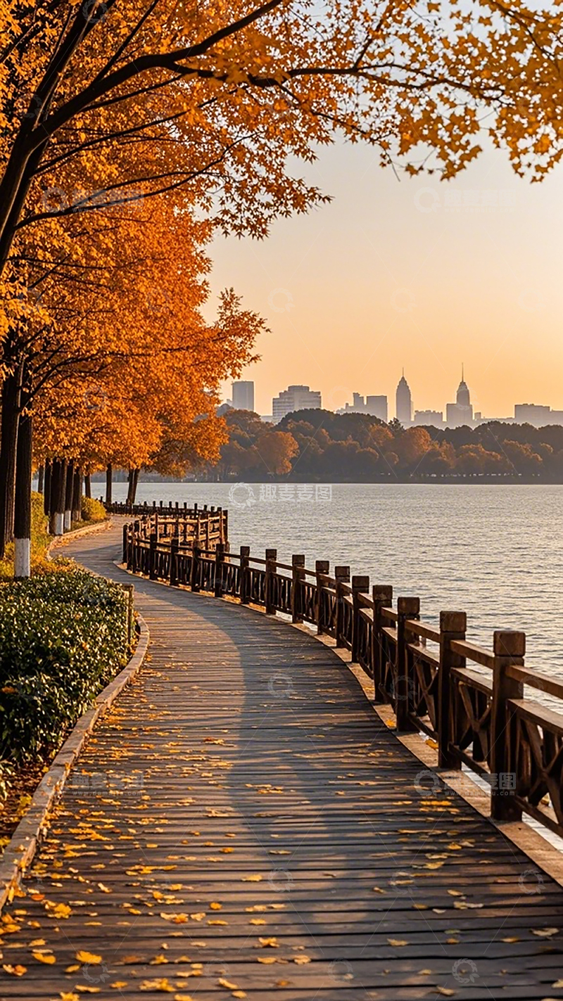 高清大图下载【趣麦麦图】秋日湖畔小径风光