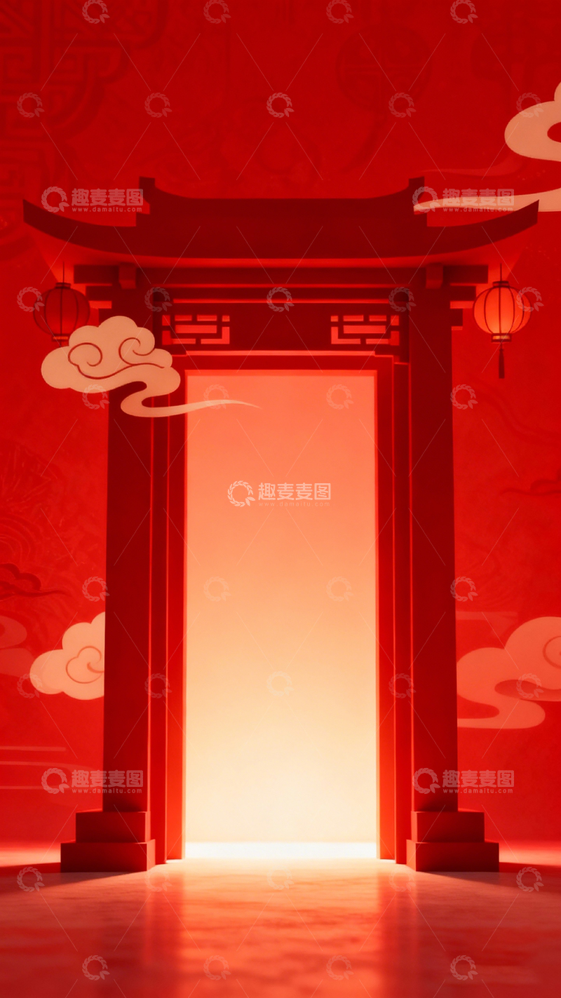 高清大图下载【趣麦麦图】红色传统中国风格门插画