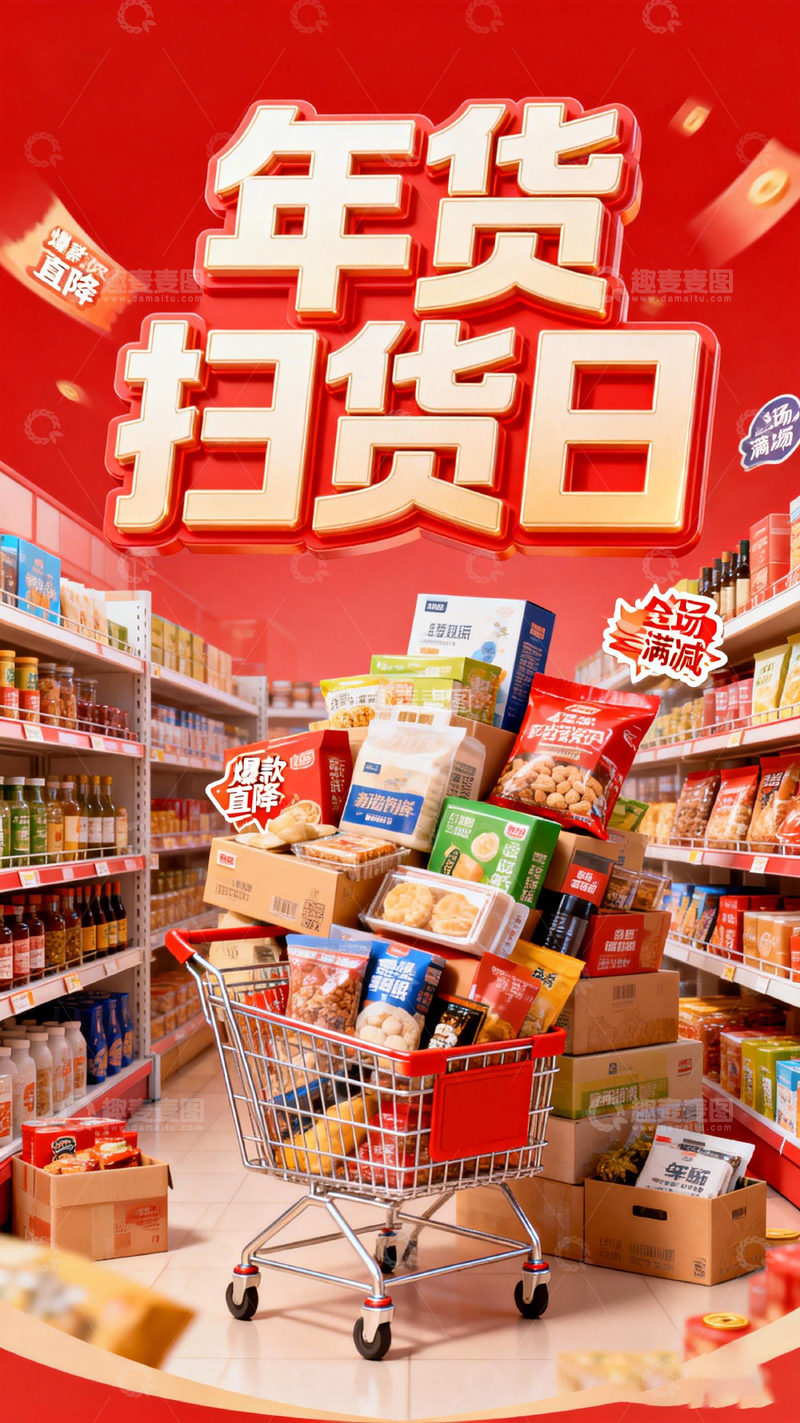 高清大图下载【趣麦麦图】年货扫货日促销海报