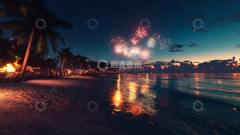 高清大图下载【趣麦麦图】大海烟花夜景