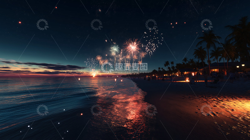 高清大图下载【趣麦麦图】大海烟花春节