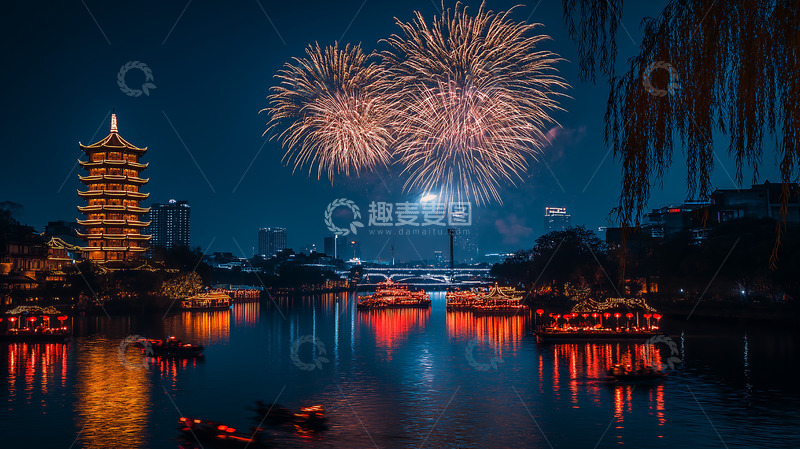 高清大图下载【趣麦麦图】烟花江景春节