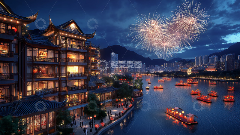 高清大图下载【趣麦麦图】新春烟花夜景