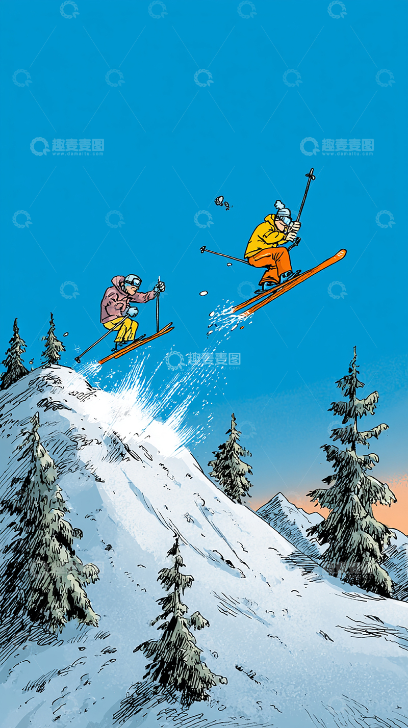 高清大图下载【趣麦麦图】雪山滑雪的冒险瞬间