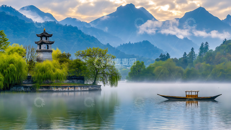 高清大图下载【趣麦麦图】湖泊塔楼宝塔