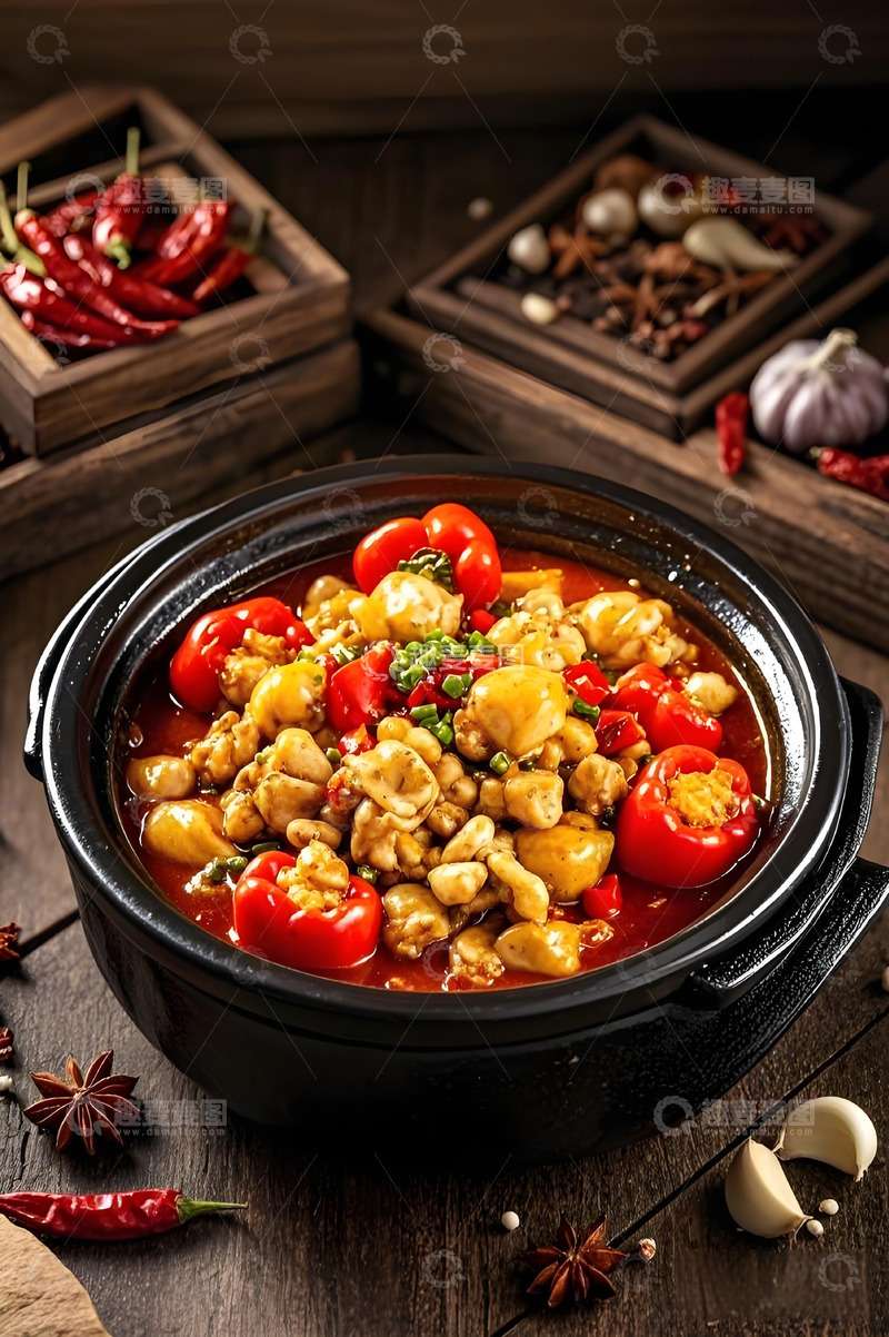 高清大图下载【趣麦麦图】美食摄影之砂锅灯笼椒牛蛙