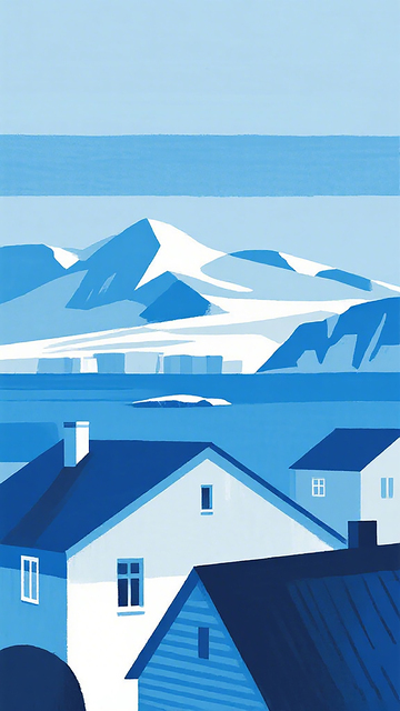 蓝调雪山村庄插画