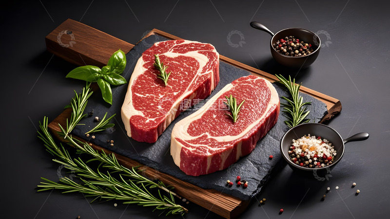 高清大图下载【趣麦麦图】两片牛肉放在案板上