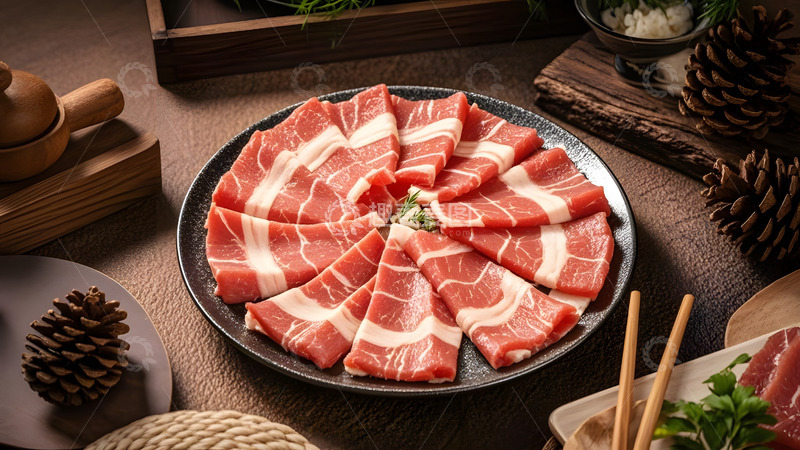 高清大图下载【趣麦麦图】多种调料环绕的生牛肉片