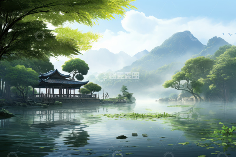 高清大图下载【趣麦麦图】夏季湖泊园林