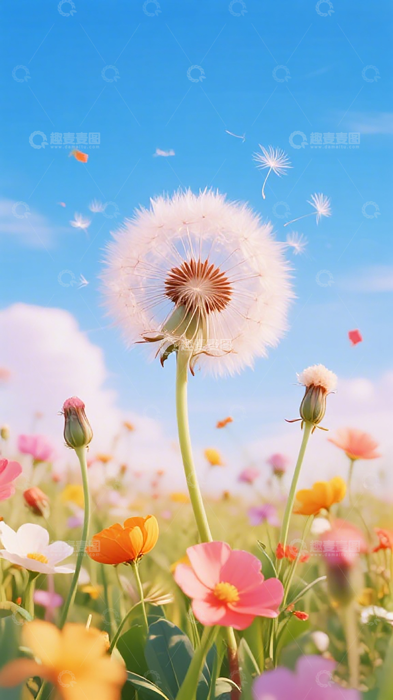高清大图下载【趣麦麦图】花海蒲公英蓝天美景