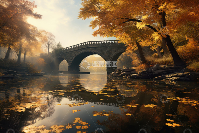 高清大图下载【趣麦麦图】秋季湖面上的石桥