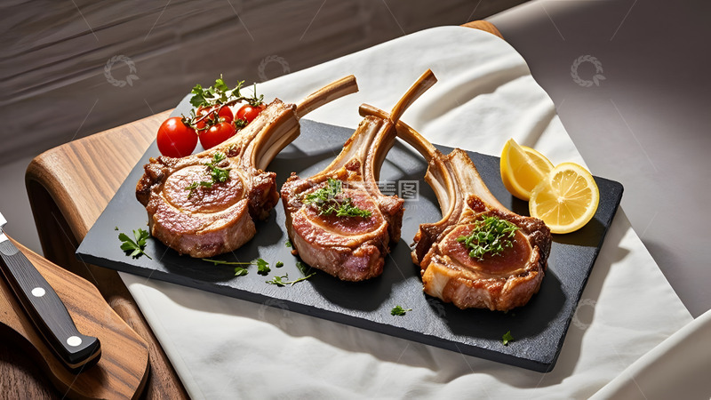 高清大图下载【趣麦麦图】三块烤羊排配柠檬和番茄