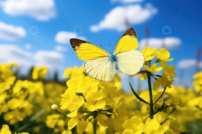 高清大图下载【趣麦麦图】油菜花地和蝴蝶