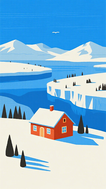 北欧风光冬季雪景插画