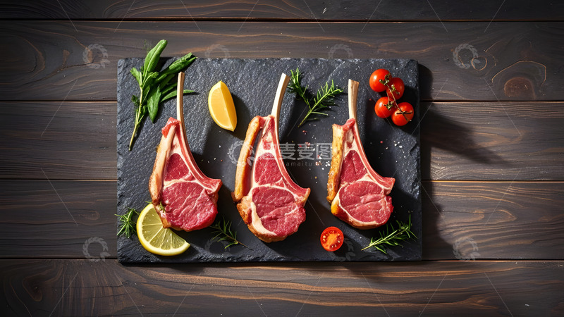 高清大图下载【趣麦麦图】三块鲜美羊排置于黑色石板上