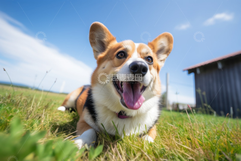 高清大图下载【趣麦麦图】趴在草地上的可爱小柯基