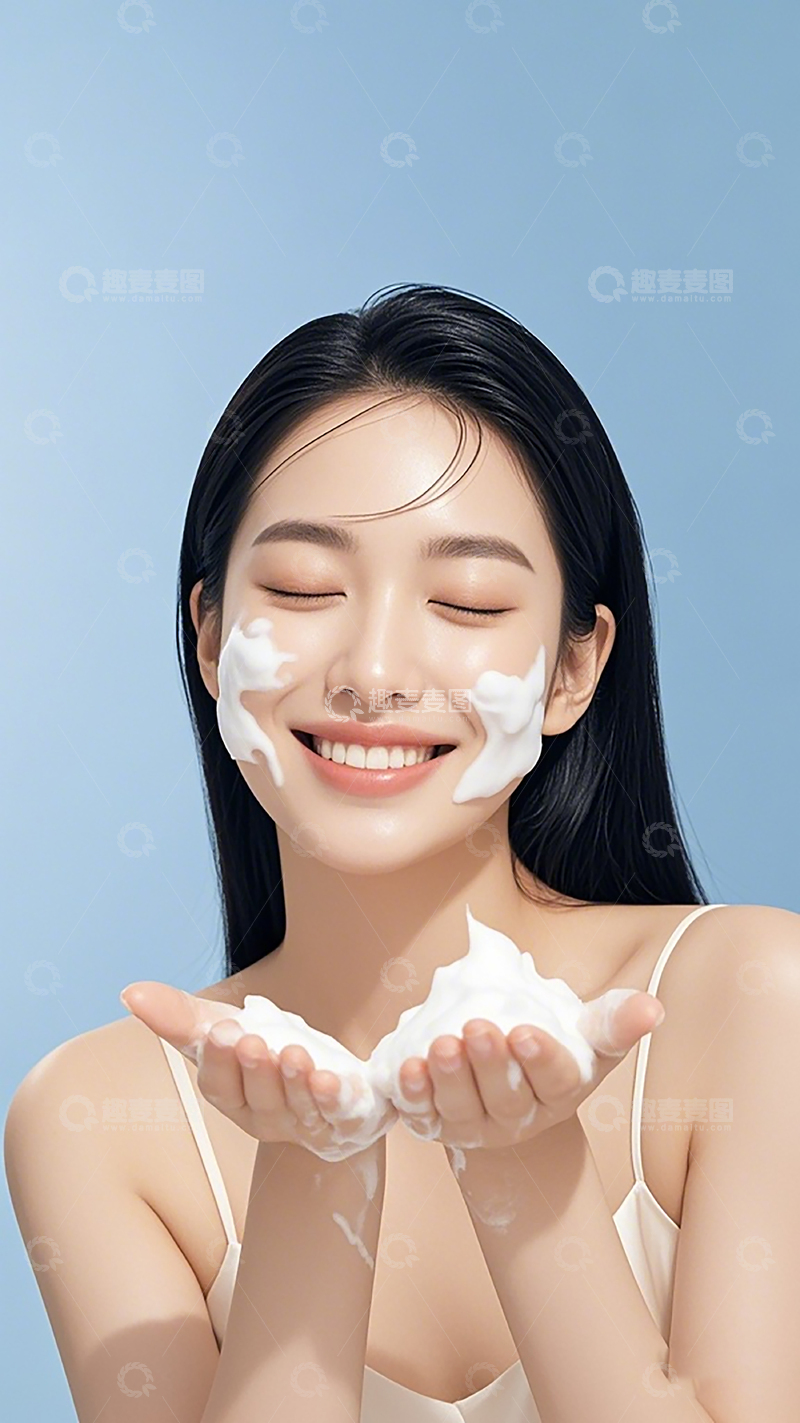 高清大图下载【趣麦麦图】美容护肤微笑女性洁面素材