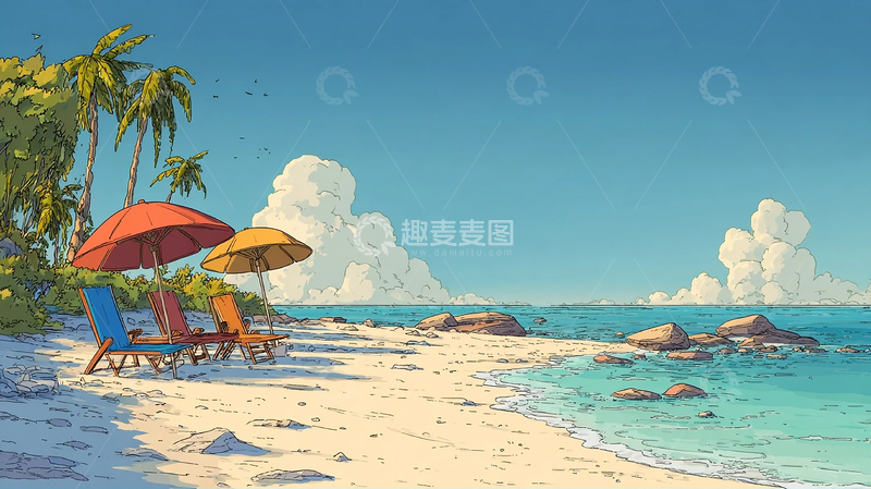 高清大图下载【趣麦麦图】热带海滩度假风光插画
