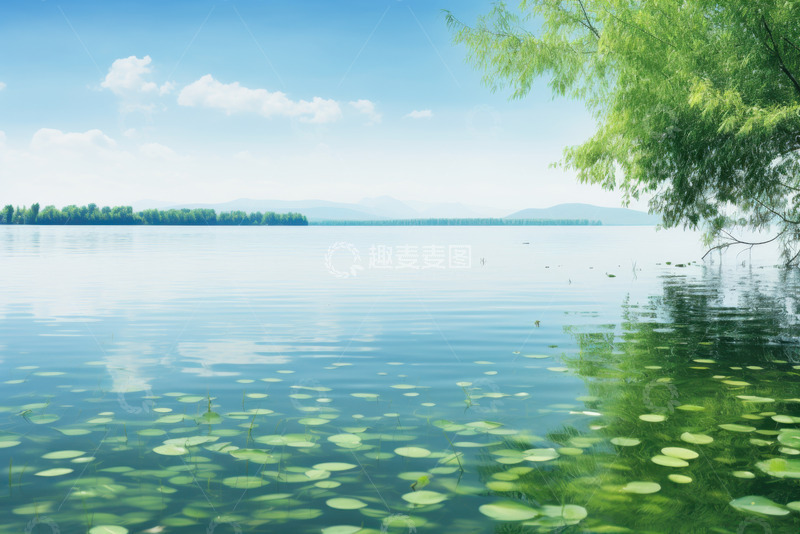 高清大图下载【趣麦麦图】湖水浮萍绿树