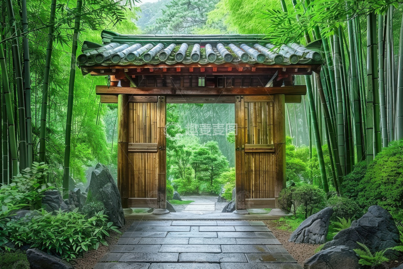 高清大图下载【趣麦麦图】竹林里的木门