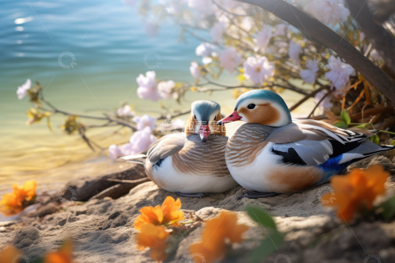 高清大图下载【趣麦麦图】河岸边依偎的两只鸳鸯