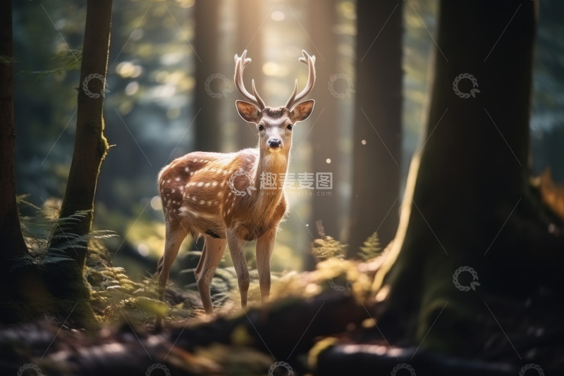 高清大图下载【趣麦麦图】树林里的一只梅花鹿