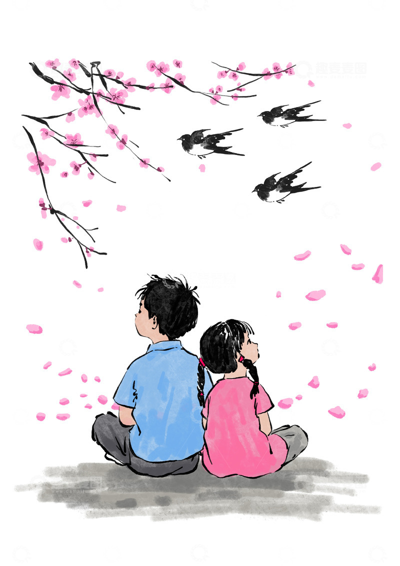 源文件下载【趣麦麦图】春天坐在桃花树下的情侣燕子花瓣手绘插画