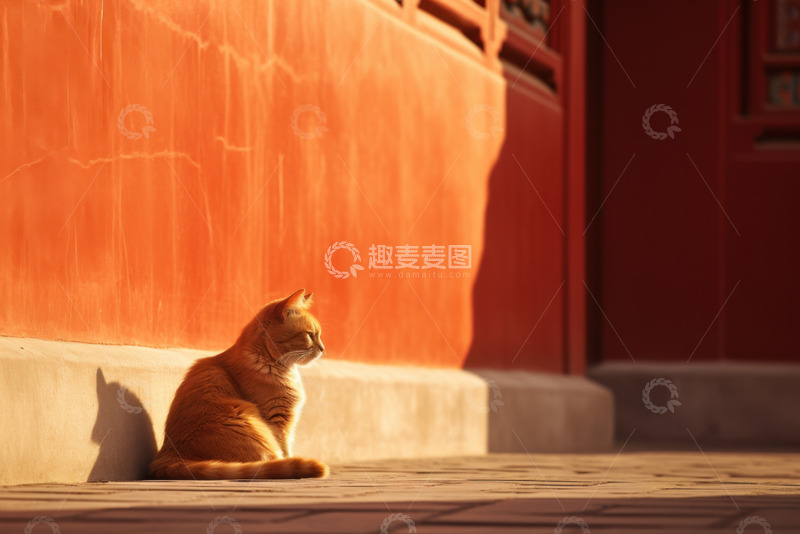高清大图下载【趣麦麦图】寺庙墙角下晒太阳的小猫