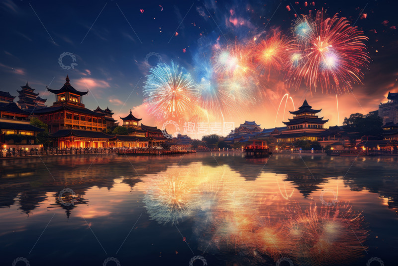 高清大图下载【趣麦麦图】夜晚江面上绽放的烟花