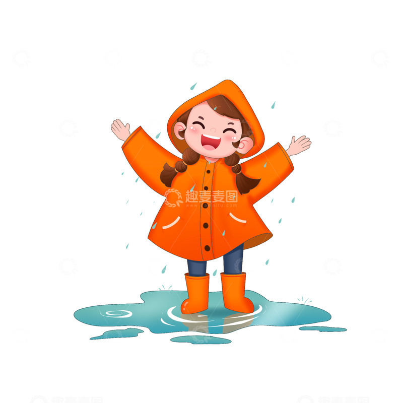 源文件下载【趣麦麦图】雨水节气可爱女孩穿着雨衣在雨中