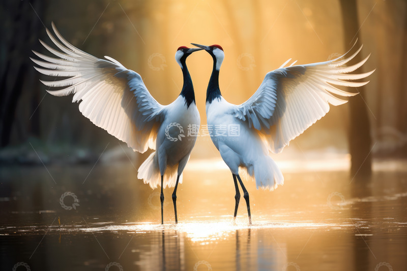高清大图下载【趣麦麦图】湖面上跳舞的两只仙鹤