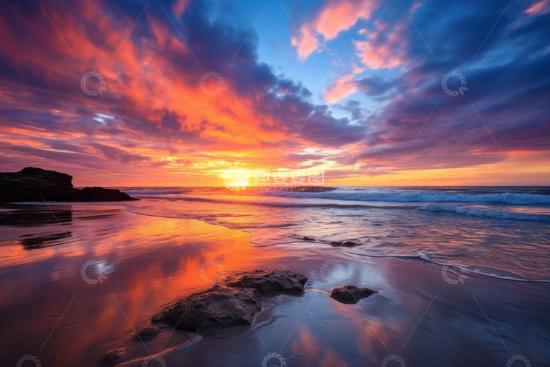 高清大图下载【趣麦麦图】落日晚霞大海沙滩