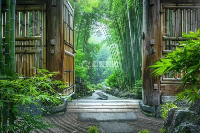 高清大图下载【趣麦麦图】竹林里打开的竹子大门