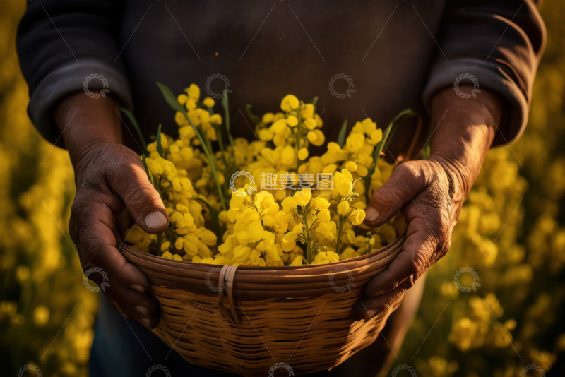 高清大图下载【趣麦麦图】农民捧着一篮子油菜花
