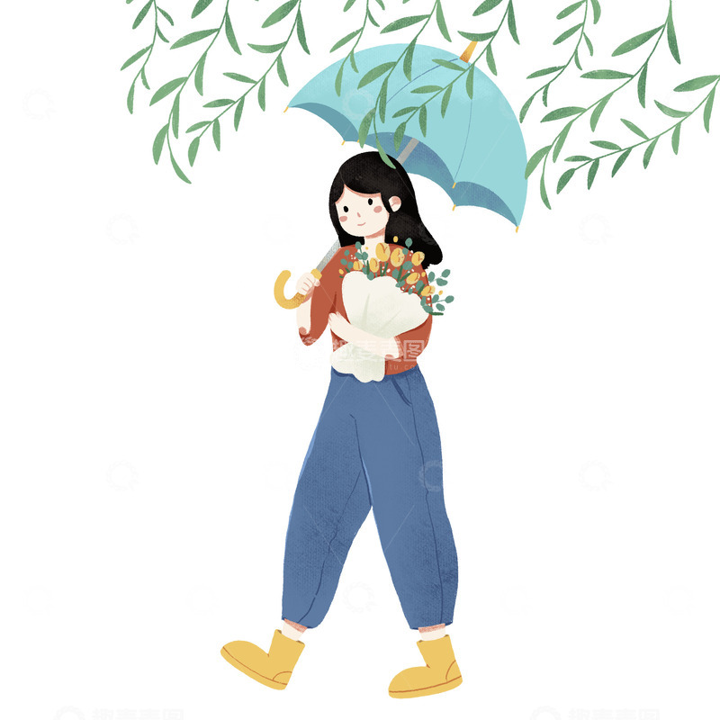 源文件下载【趣麦麦图】-清明踏青女孩打伞柳树