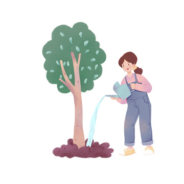 植树节女孩植树浇水png图片