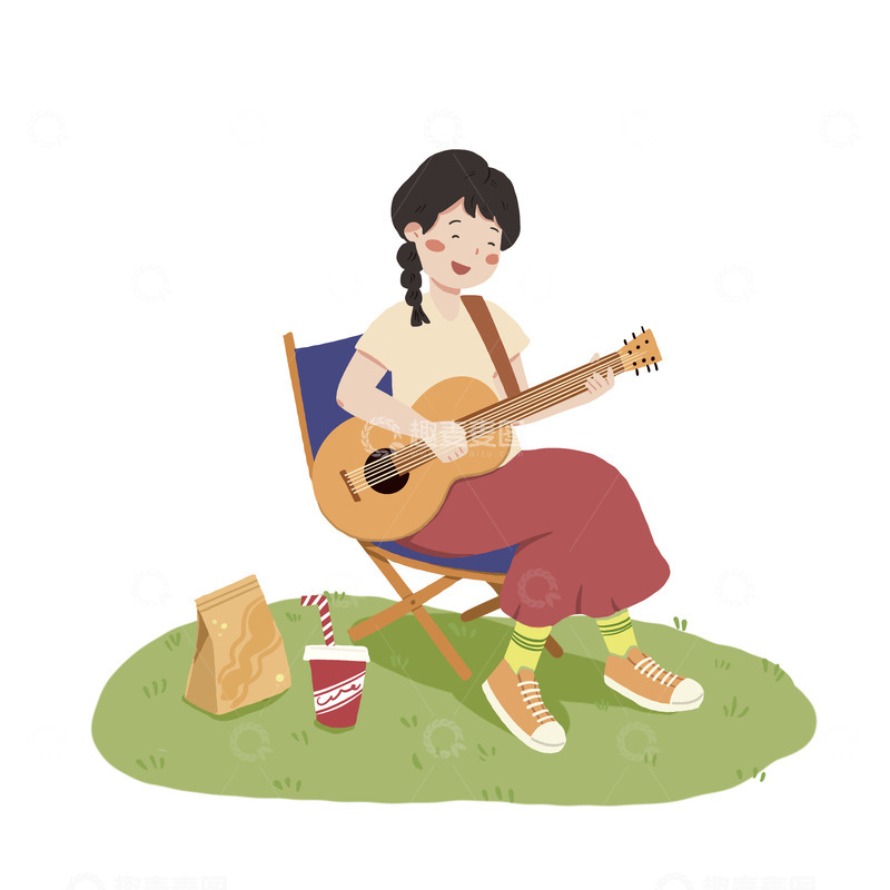 源文件下载【趣麦麦图】-春游女孩草坪上弹吉他