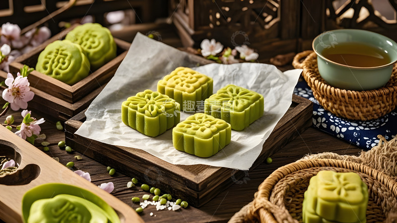 高清大图下载【趣麦麦图】传统抹茶糕点的精致呈现