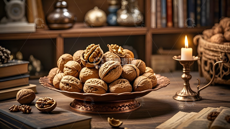 高清大图下载【趣麦麦图】复古铜盘上的核桃陈列