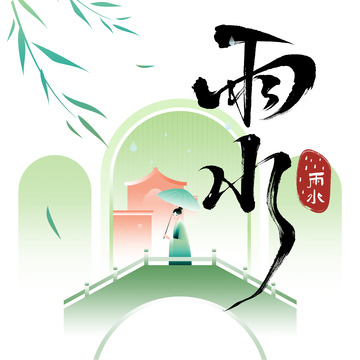 春季雨水人物拱桥图