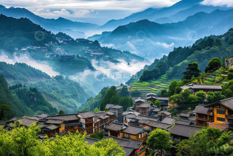 高清大图下载【趣麦麦图】大山山谷内的小镇