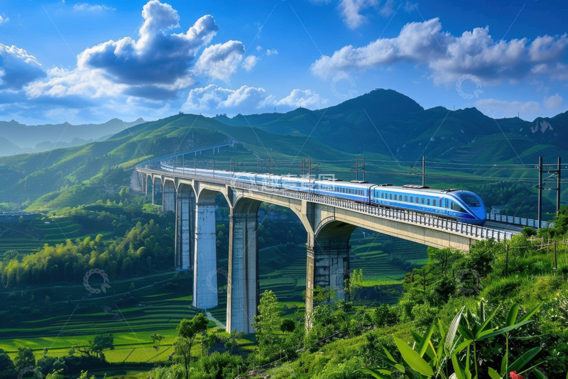 高清大图下载【趣麦麦图】山谷里高架桥上的火车