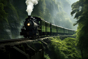 山间行驶的绿皮火车